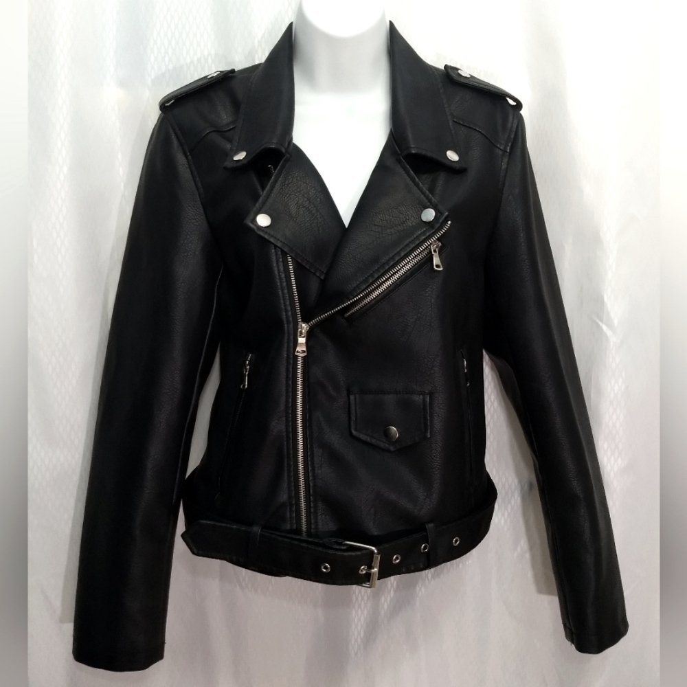 Ly Varey Lin Faux Leather Polyurethane Motorcycle Jacket, Black, M